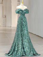 A-Line Evening Gown Elegant Dresses Formal Wedding Guest Sweep / Brush Train Sleeveless Off Shoulder Sequined with Glitter Sequin Masquerade Dresses