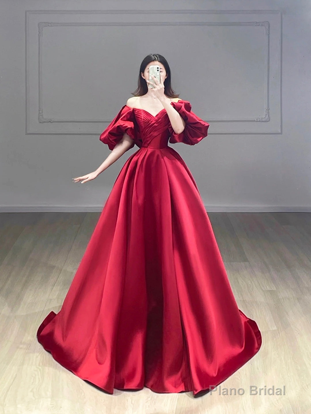 Burgundy Satin A-Line Prom Dress, Burgundy Puffy Short Sleeve Evening Dress Main image