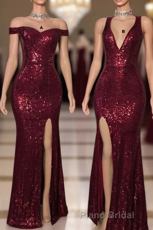 Long Mermaid Burgundy Sequin Formal Prom Dresses Glitter Split Evening Gown Main image