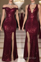 Long Mermaid Burgundy Sequin Formal Prom Dresses Glitter Split Evening Gown