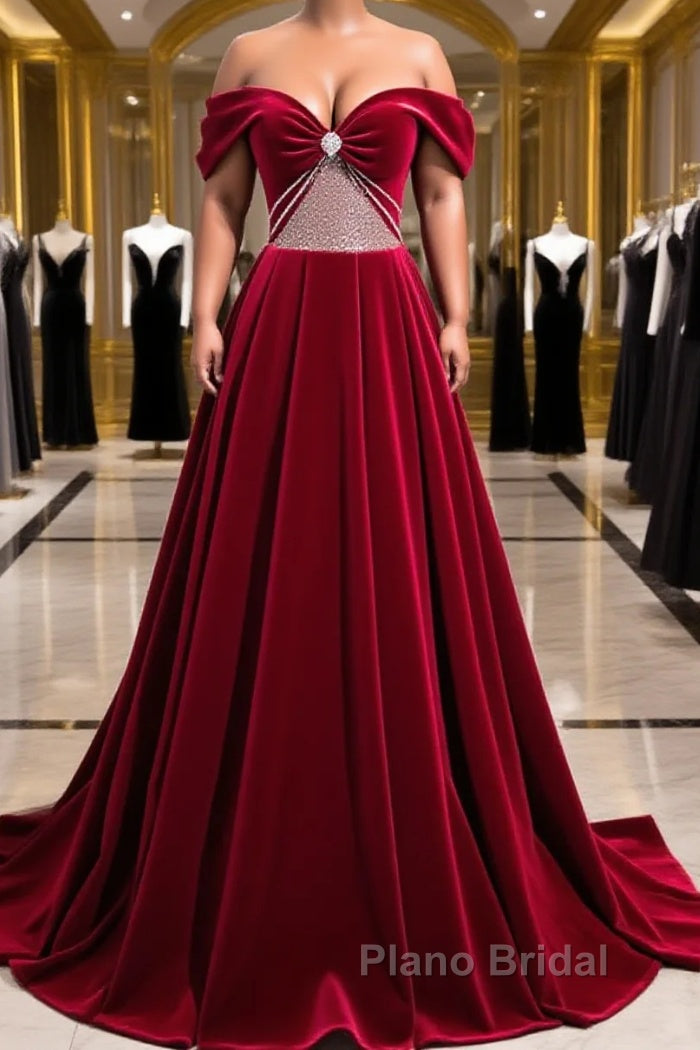 Burgundy Velvet Long Formal Prom Dresses, Off the Shoulder Evening Party Dresses Main image