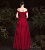 Burgundy tulle off shoulder prom dress evening dress