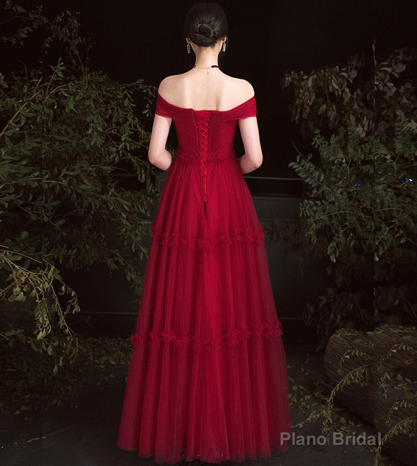 Burgundy tulle off shoulder prom dress evening dress