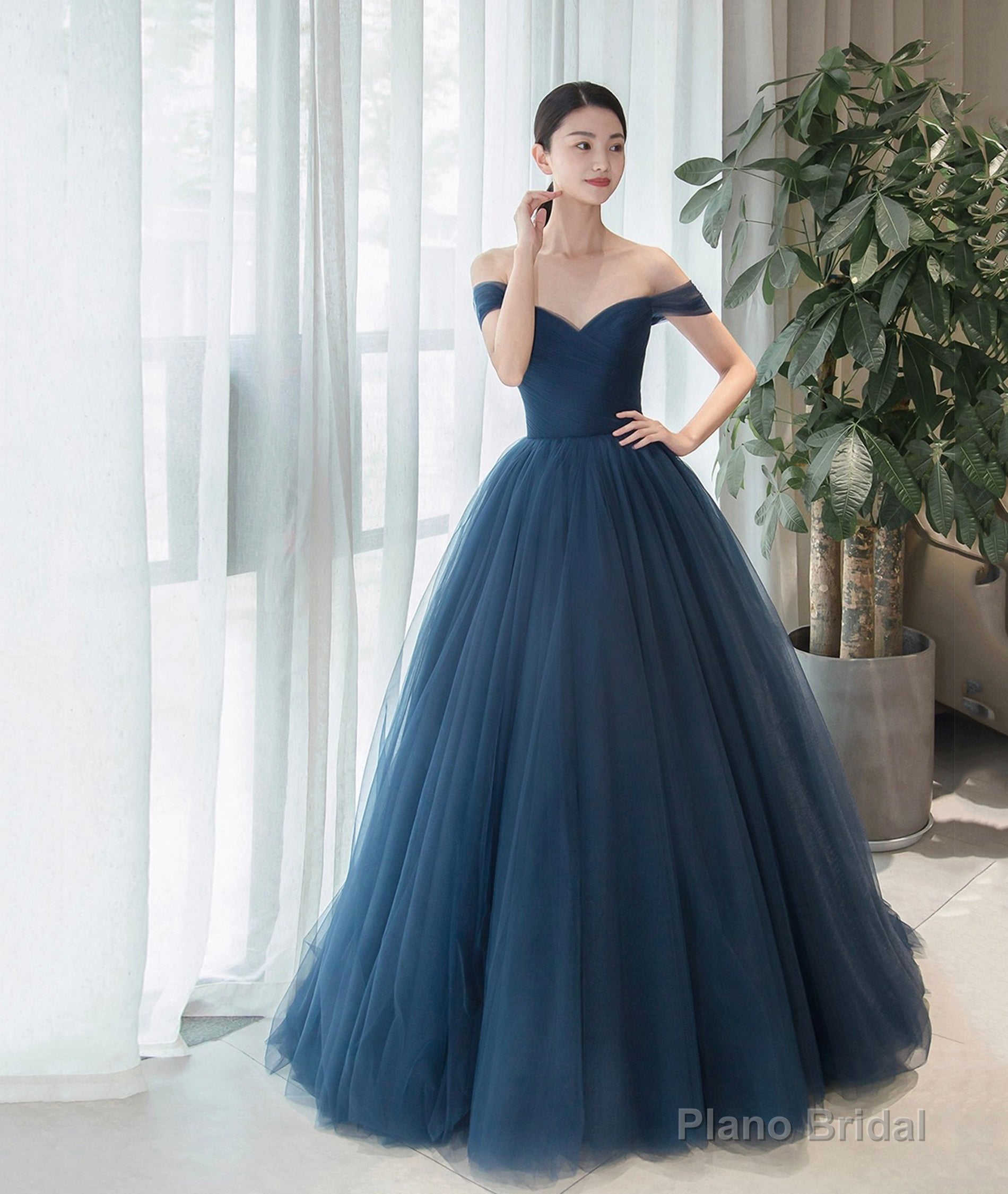 Elegant Tulle Long A-Line Prom Dress, Blue Off the Shoulder Evening Party Dress Main image