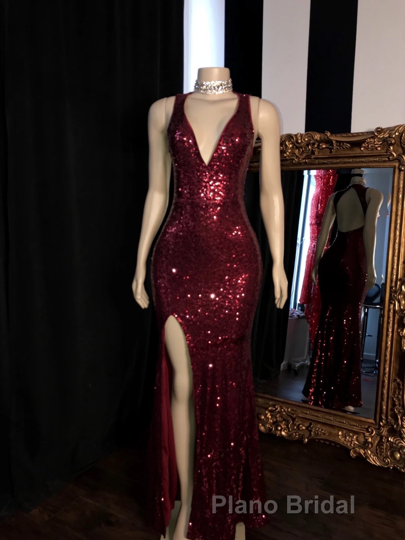 Long Mermaid Burgundy Sequin Formal Prom Dresses Glitter Split Evening Gown