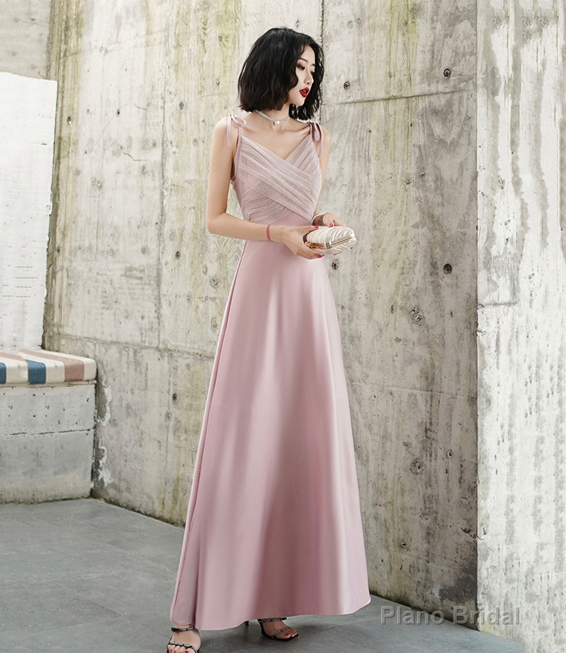 Pink V-neck long prom dress A-line evening dress Main image