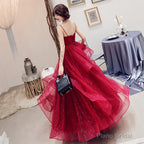 Burgundy v neck tulle long prom dress, formal dress