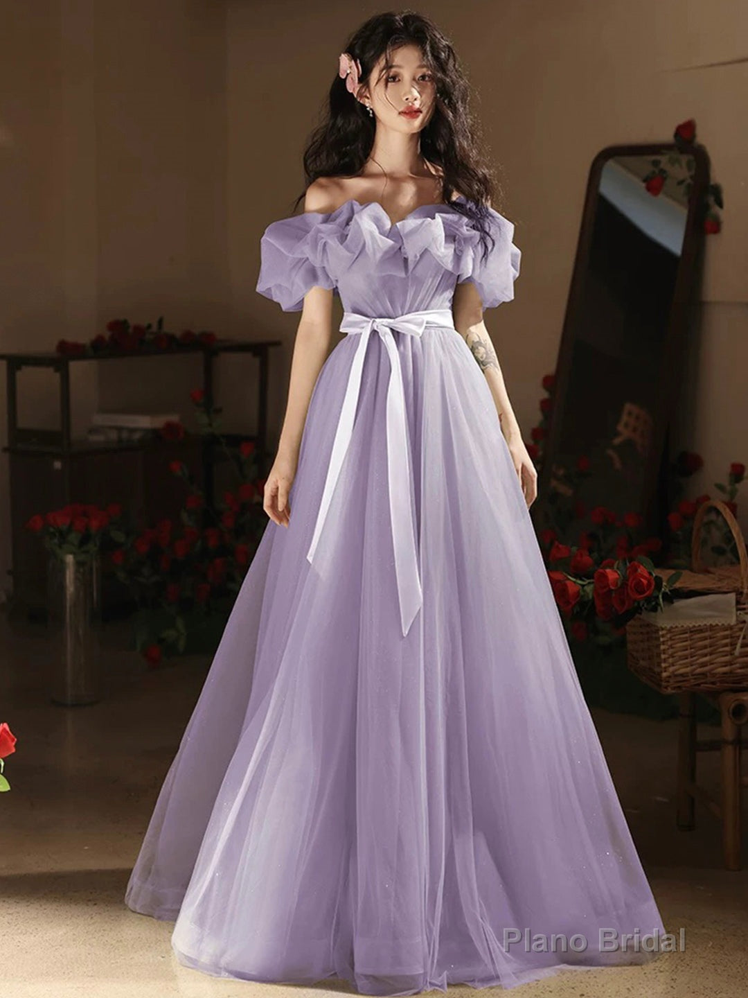 Purple Tulle Floor Length Prom Dress, Off the Shoulder Evening Party Dress Secondary image