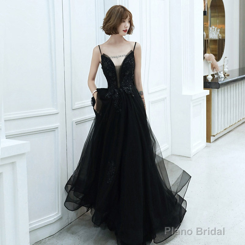 Black v neck tulle beads long prom dress evening dress Secondary image