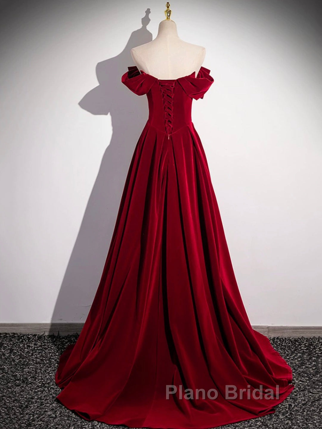 Burgundy Velvet Long Formal Prom Dresses, Off the Shoulder Evening Party Dresses