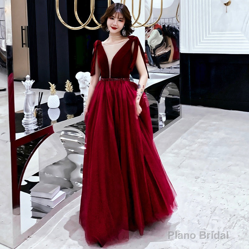Burgundy velvet tulle long prom dress party dress Main image