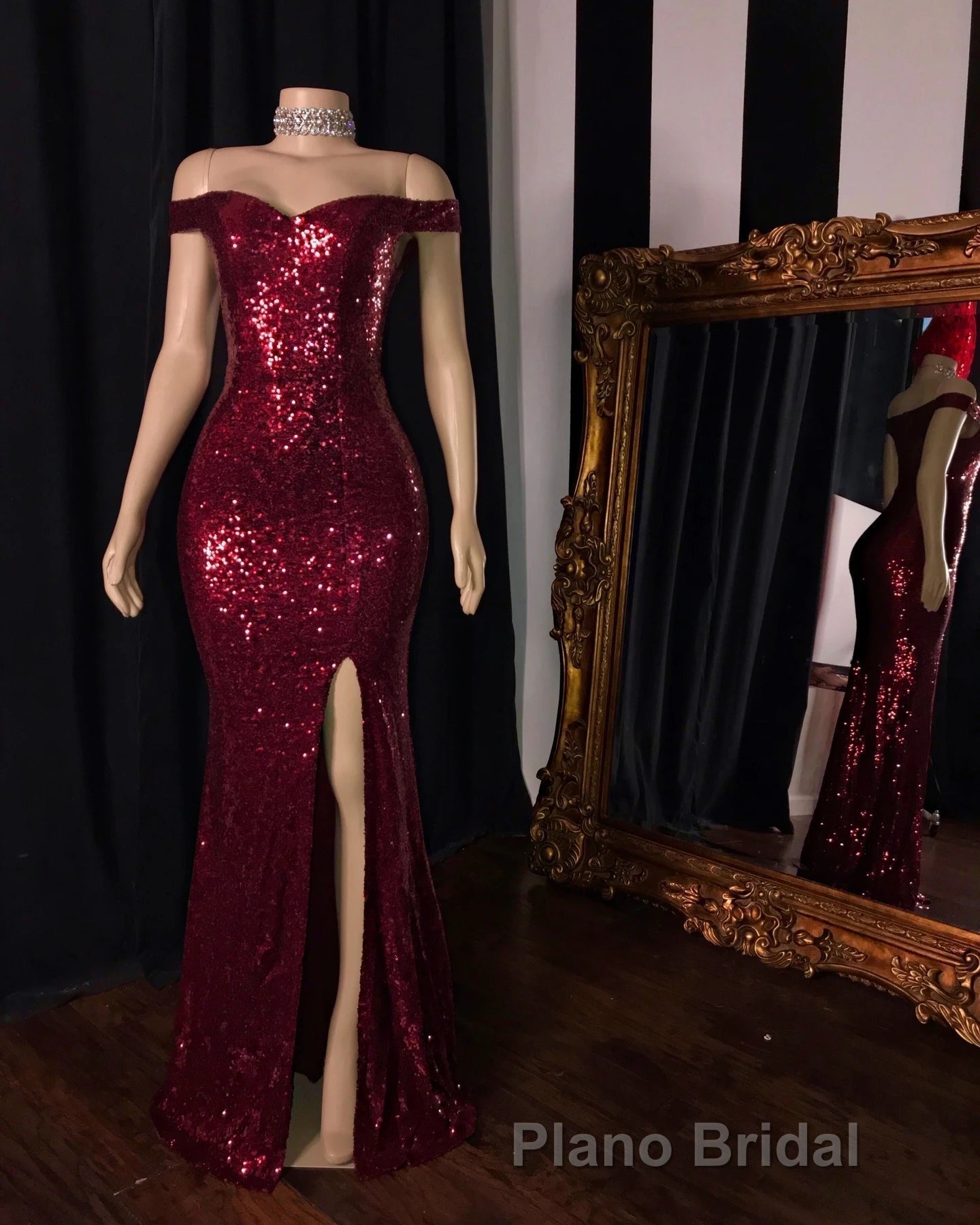 Long Mermaid Burgundy Sequin Formal Prom Dresses Glitter Split Evening Gown Secondary image