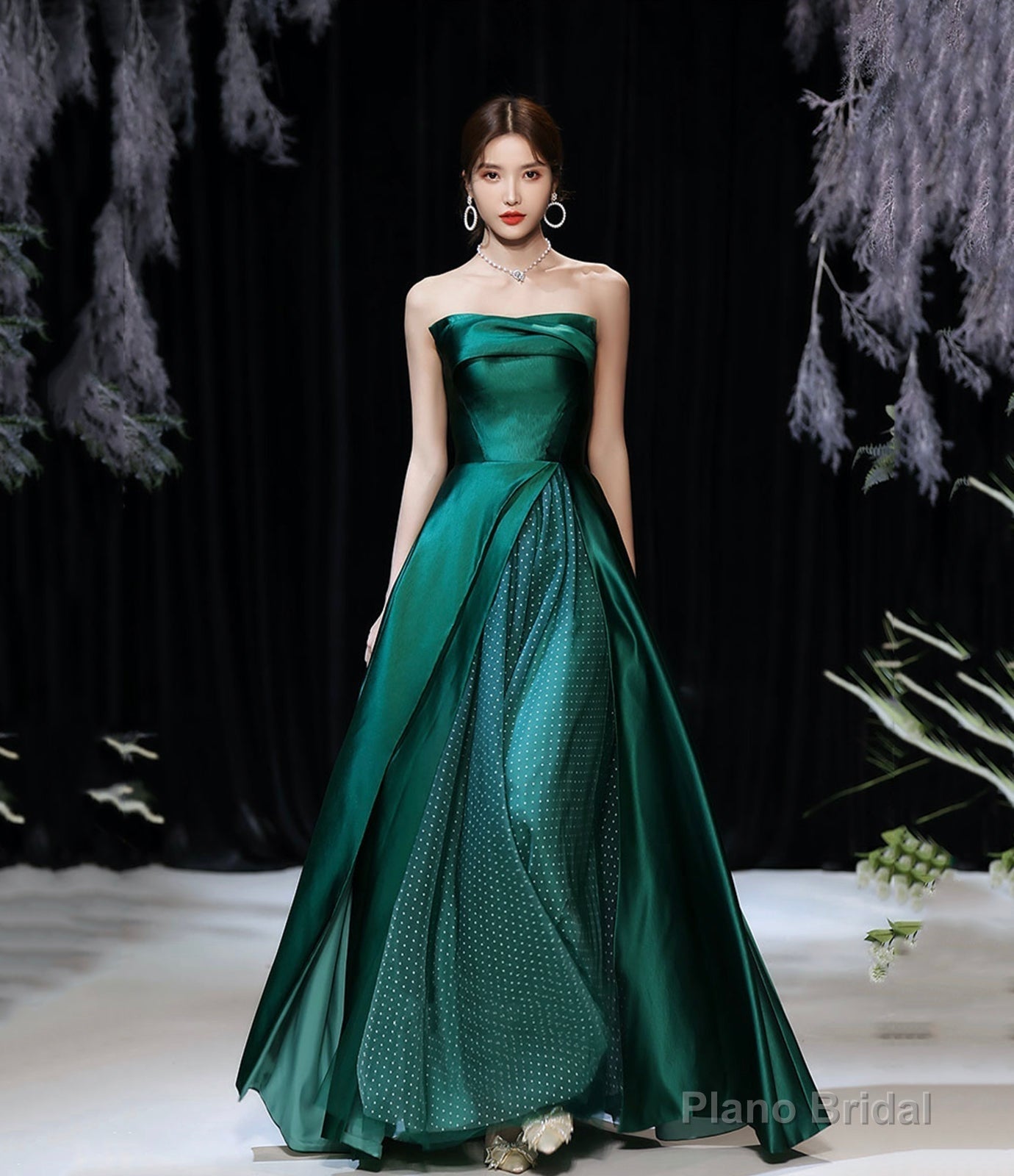 Green satin long prom dress evening dress Main image