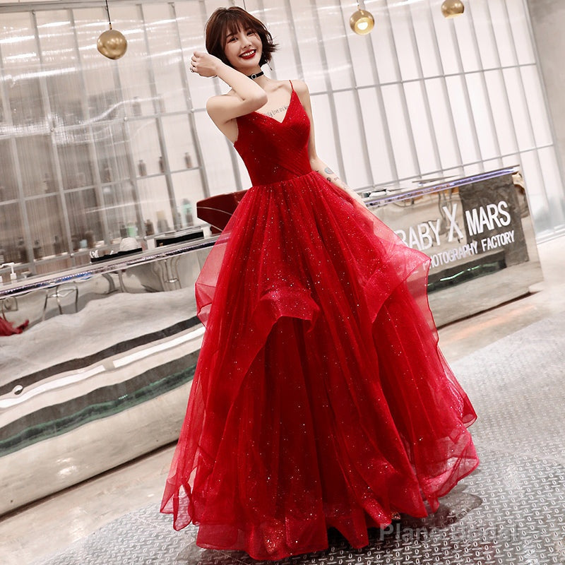 Stylish v neck tulle long prom dress, evening dress Main image
