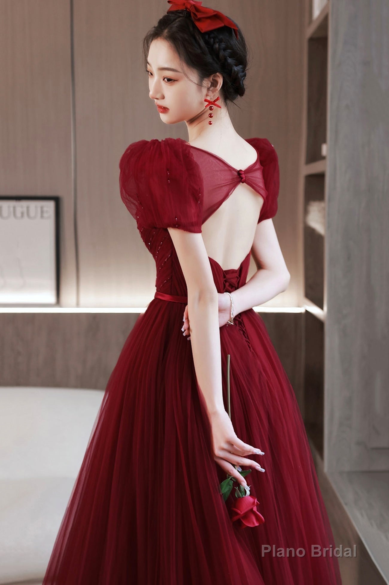 Burgundy tulle beads long prom dress A line evening dress Secondary image