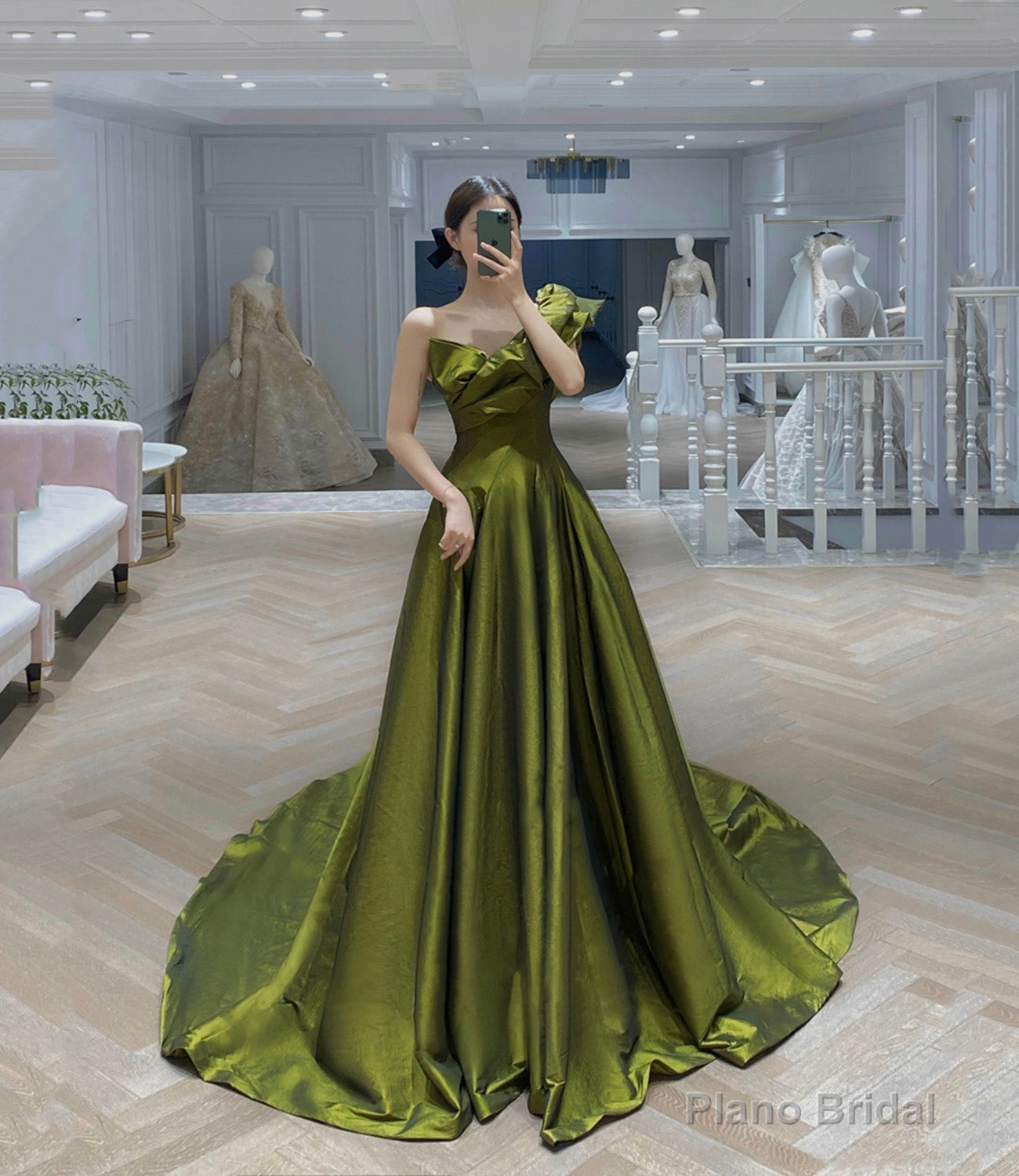 Green satin long prom dress A line evening dress Main image