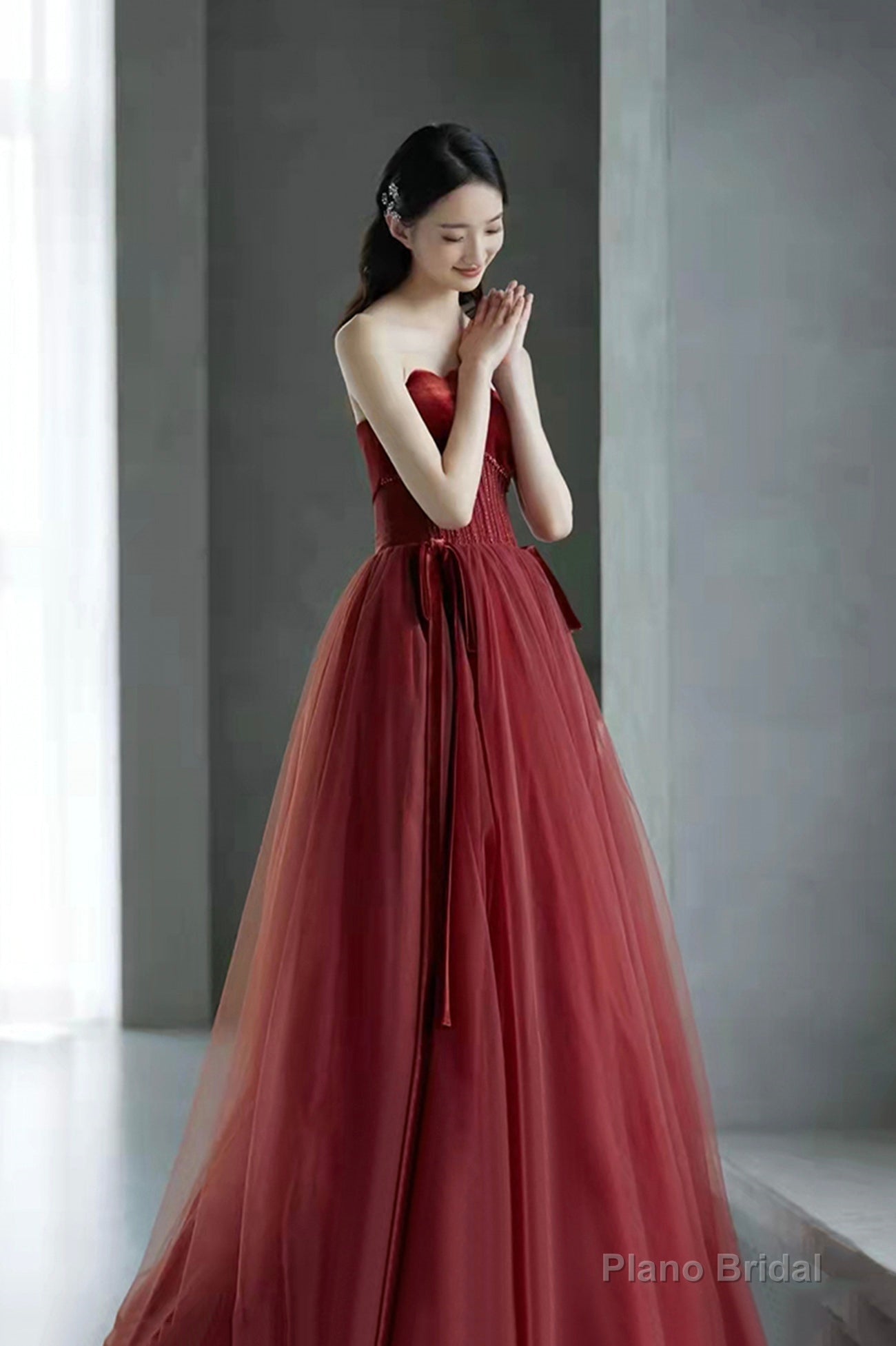 Burgundy tulle sequins long prom dress evening dress Secondary image