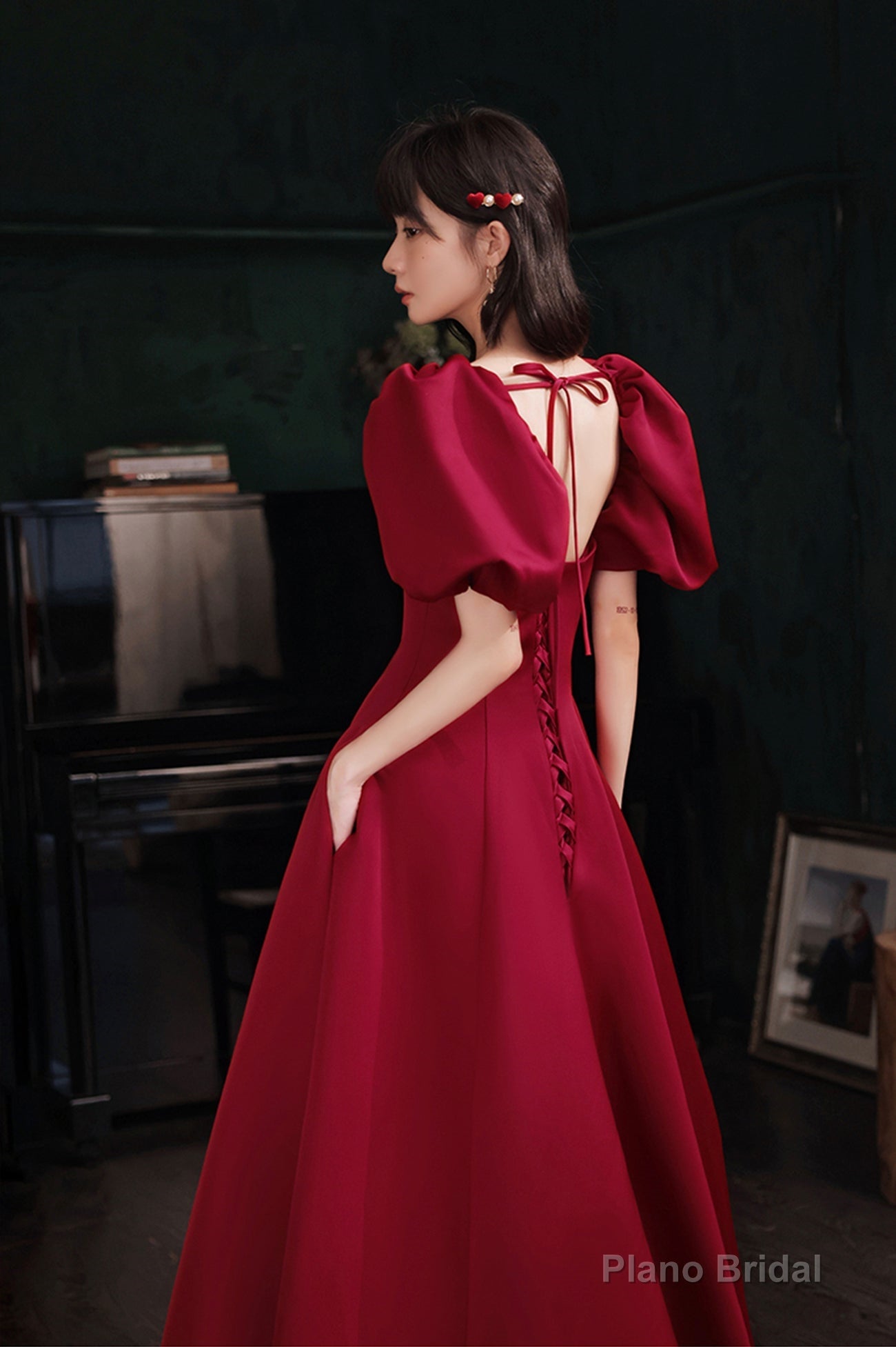 Burgundy satin long prom dress A line evening dress Secondary image