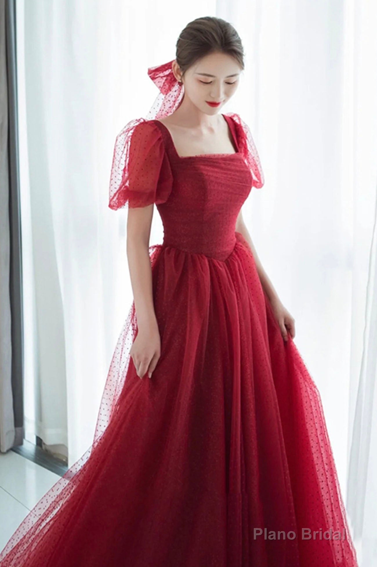 Red tulle long prom dress A line evening dress Main image