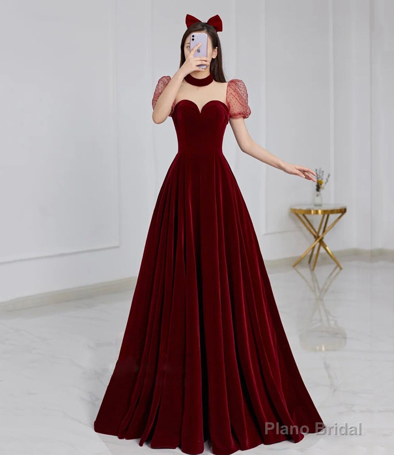 Cute velvet long prom dress burgundy A line evening dress Main image