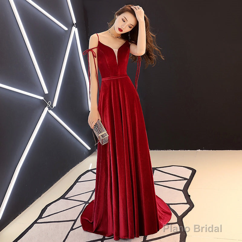 Burgundy v neck velvet long prom dress Main image