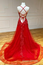 Red Long Formal Prom Dresses Chic & Modern Lace Applique Straps Prom Dresses