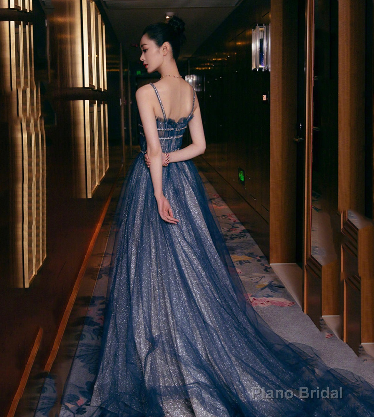 Blue tulle long prom dress shiny evening dress