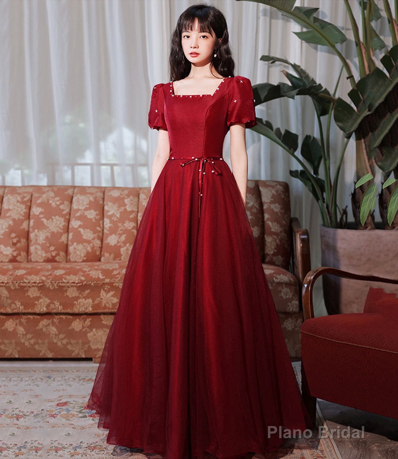 Burgundy satin tulle long prom dress A line evenig dress Main image