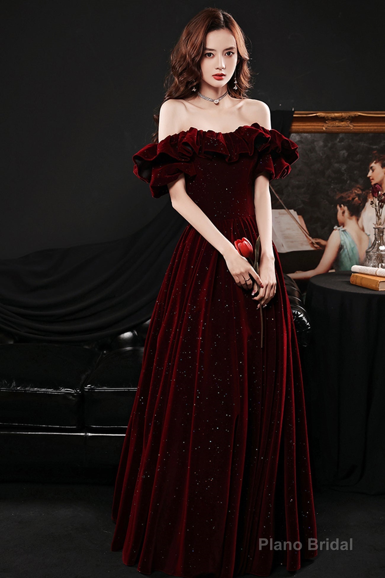 Burgundy vleve long prom dress A line evening dress