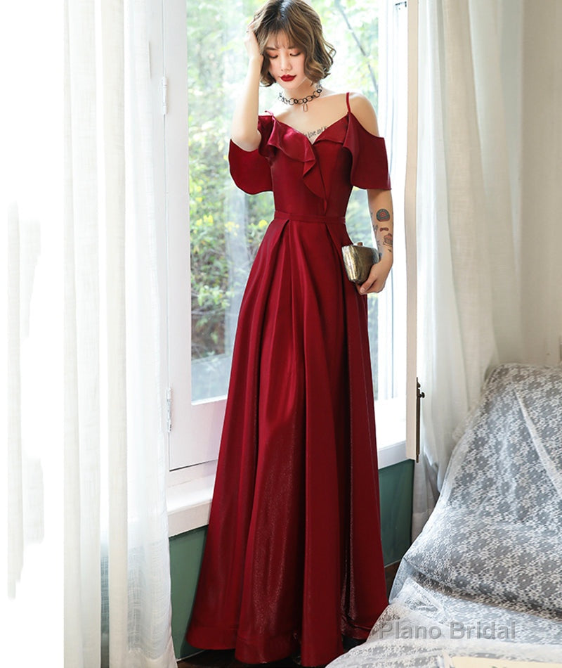 Burgundy satin prom dress simple evening dress Secondary image