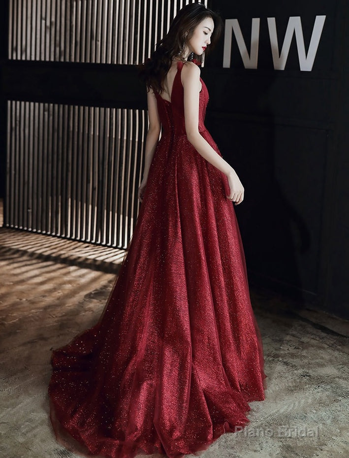 Burgundy tulle long prom dress party dress Secondary image