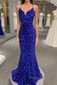 Spaghetti Straps Mermaid Sequin Long Evening Formal Prom Dresses
