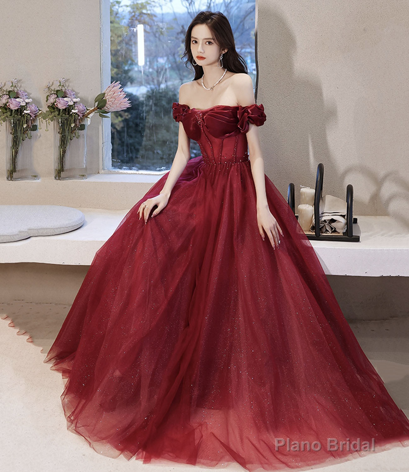 Burgundy tulle beads long prom dress evening dress Main image
