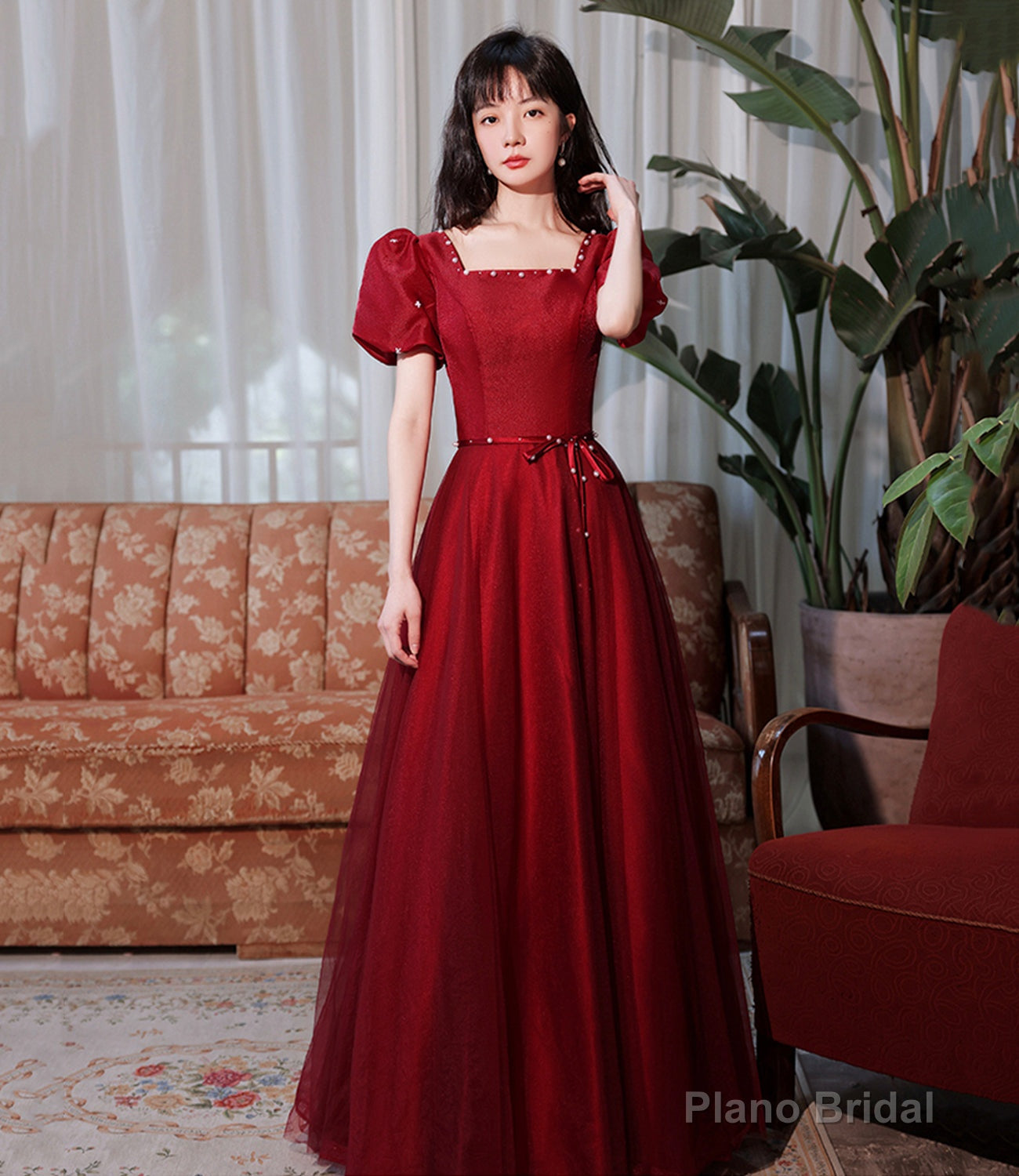Burgundy satin tulle long prom dress A line evenig dress Secondary image