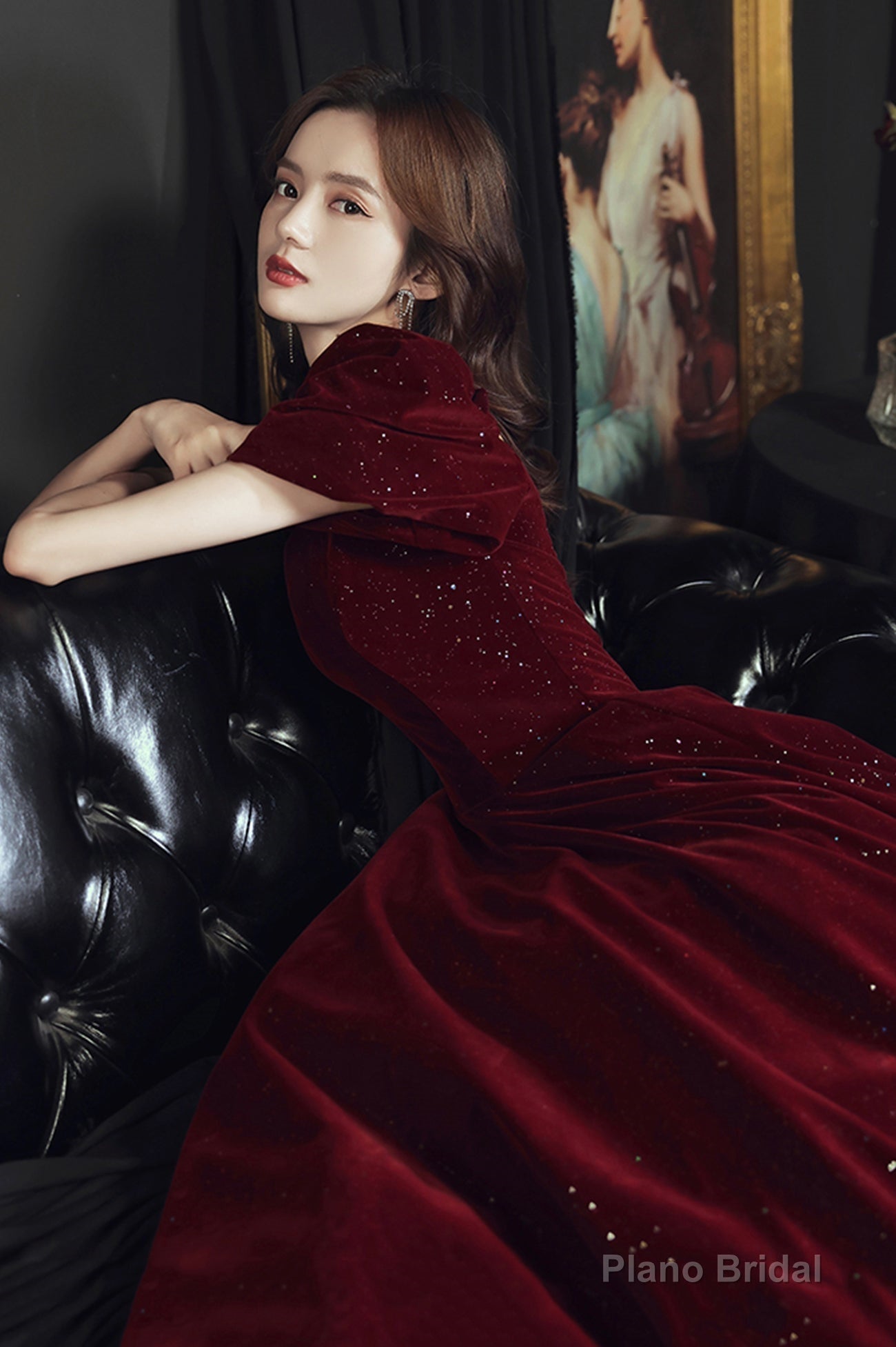 Burgundy velvet long prom dress A line evening dress Secondary image