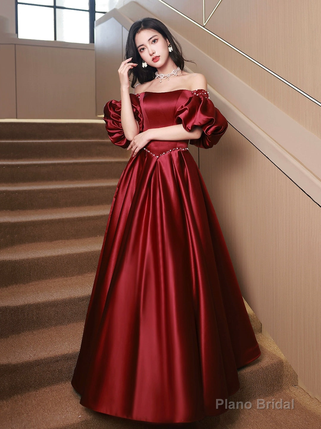 Burgundy Satin Long A-Line Formal Prom Dress Secondary image