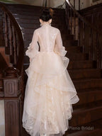 Champagne Tulle Long Sleeve Evening Party Dress