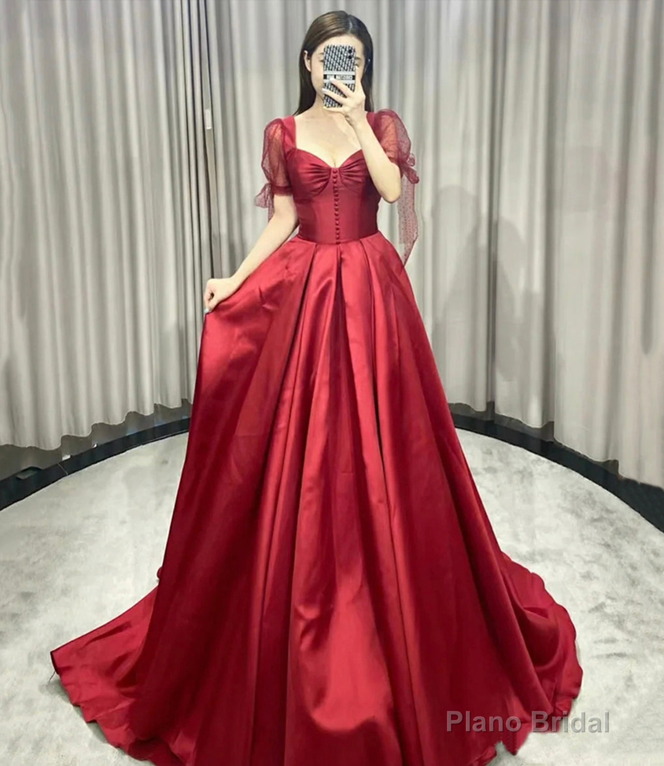 Red satin long prom dress A line evening gown Main image