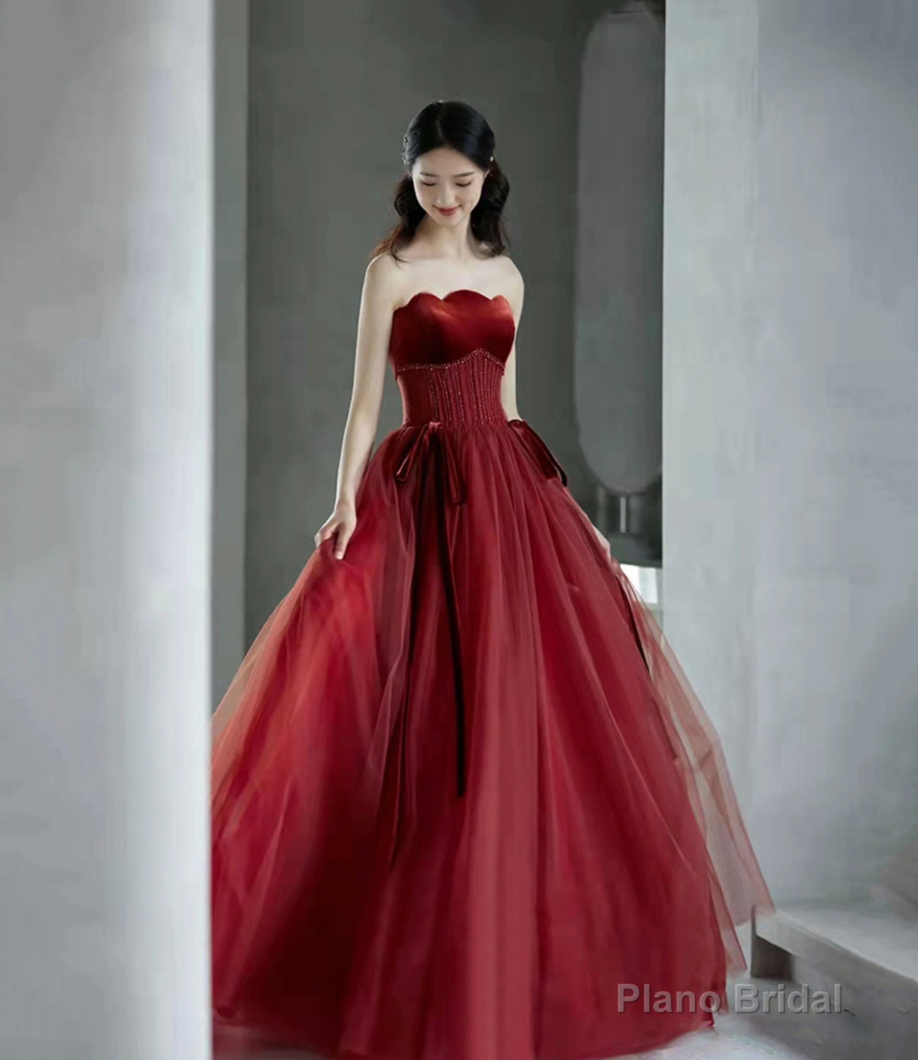 Burgundy tulle sequins long prom dress evening dress Main image
