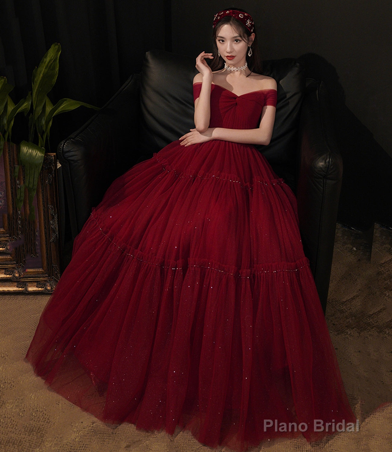 Burgundy tulle long prom dress A line evening dress Main image