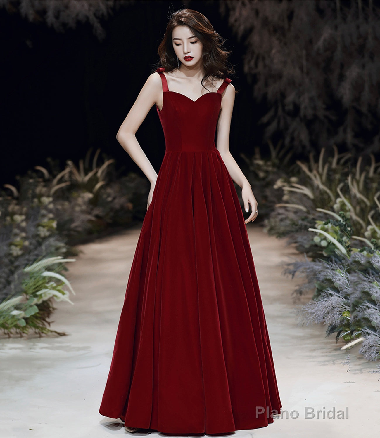 Burgundy velvet long A line prom dress evening dress Main image