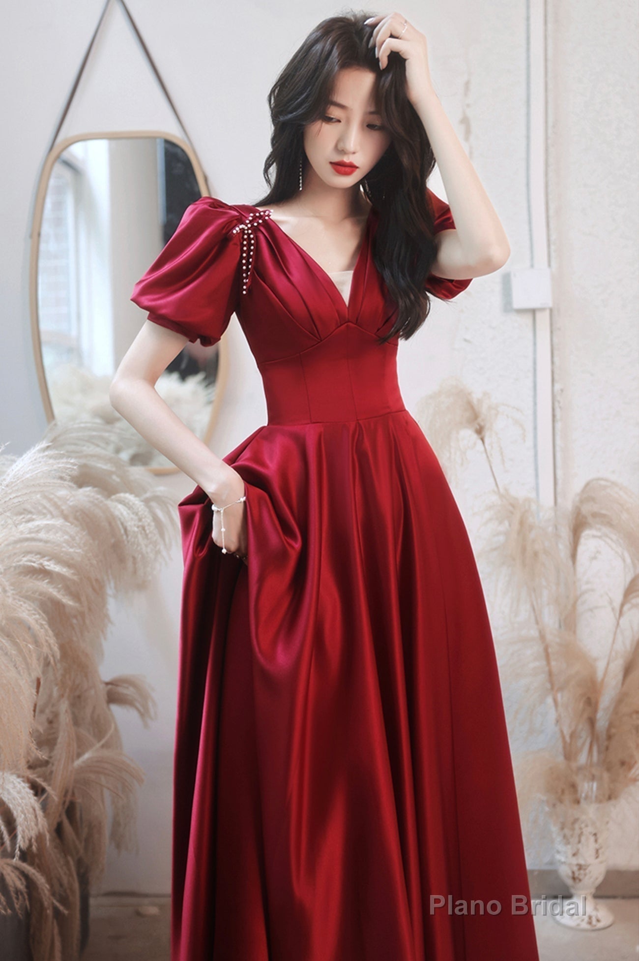 Burgundy satin long prom dress A line evening dress Secondary image