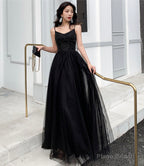Black tulle beads long prom dress A line evening dress