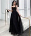 Black tulle beads long prom dress A line evening dress