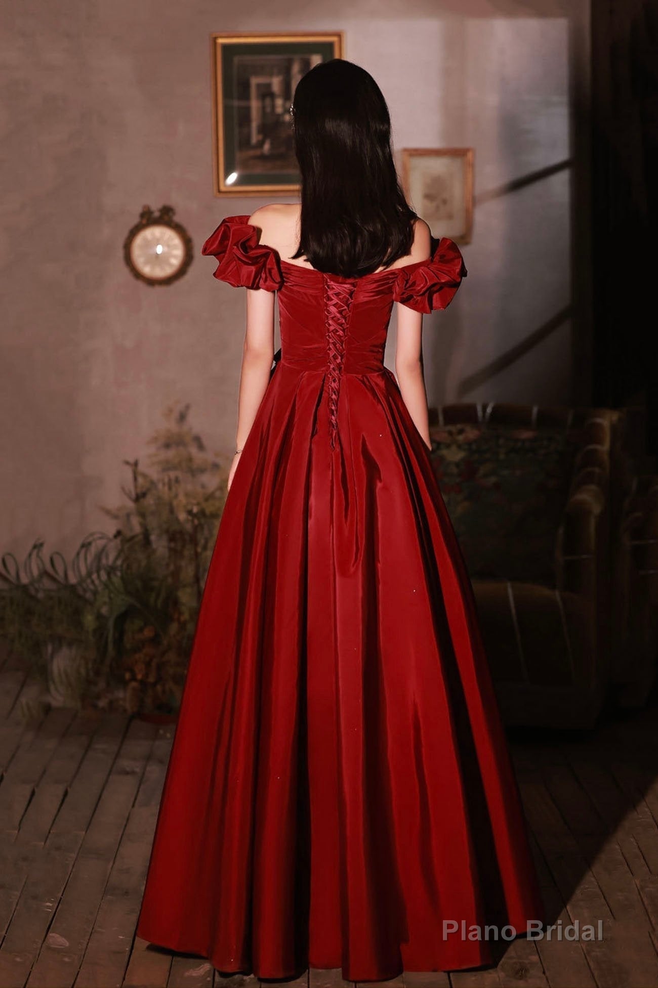 Burgundy satin long prom dress A line evening dress