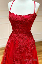 Red Long Formal Prom Dresses Chic & Modern Lace Applique Straps Prom Dresses