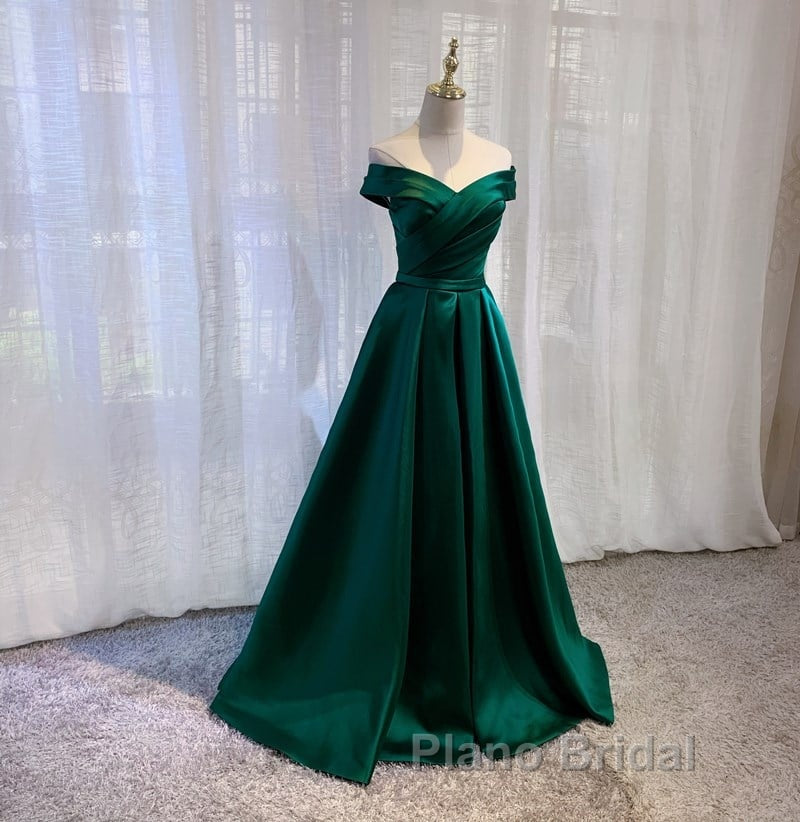 Satin Emerald Green Pleated A-Line Off-shoulder Formal Prom Dresses Secondary image