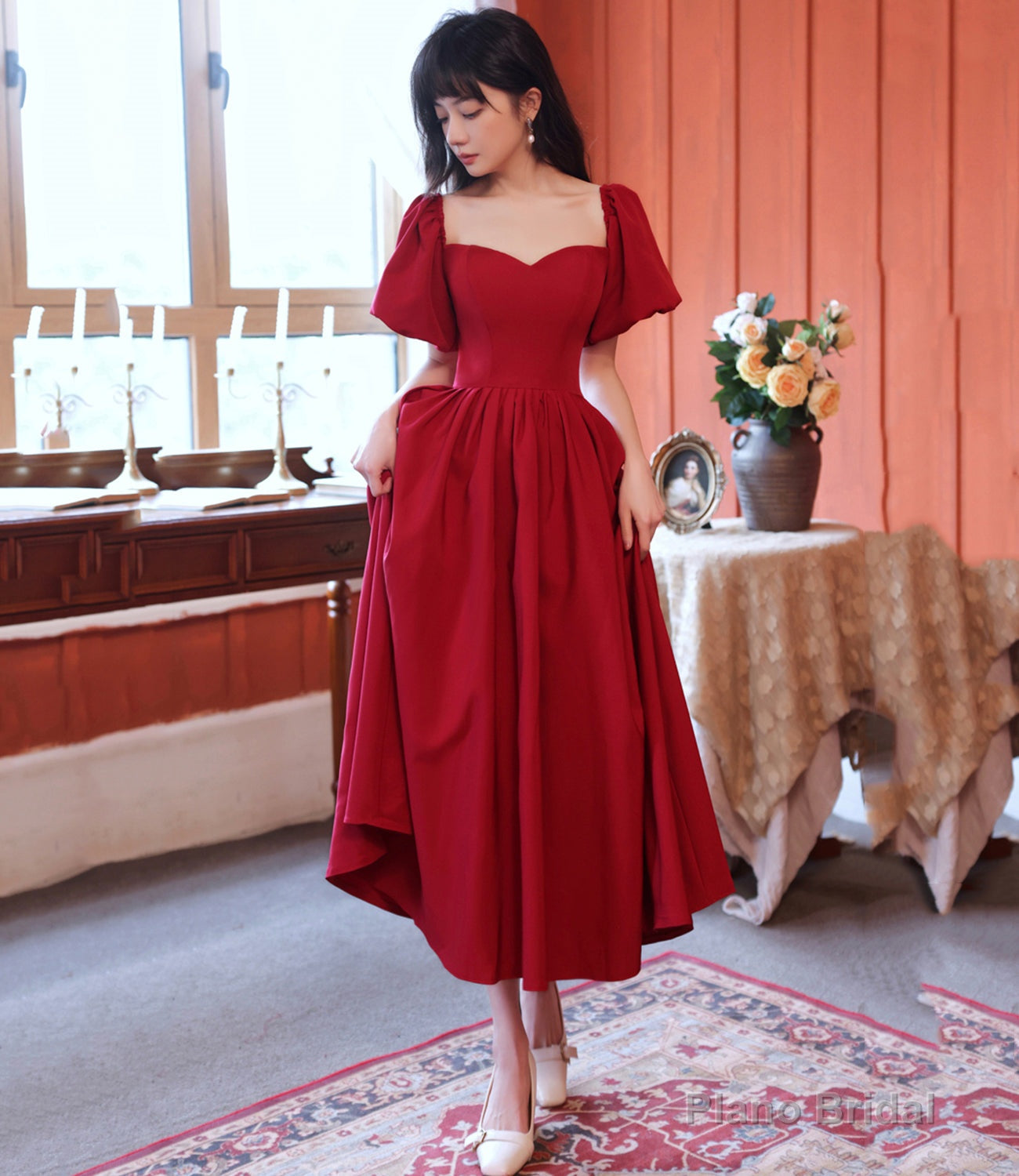 Red A line short prom dress red evening dress Main image