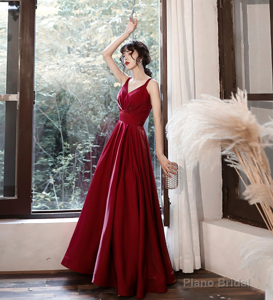 Burgundy satin long prom dress formal dress Main image