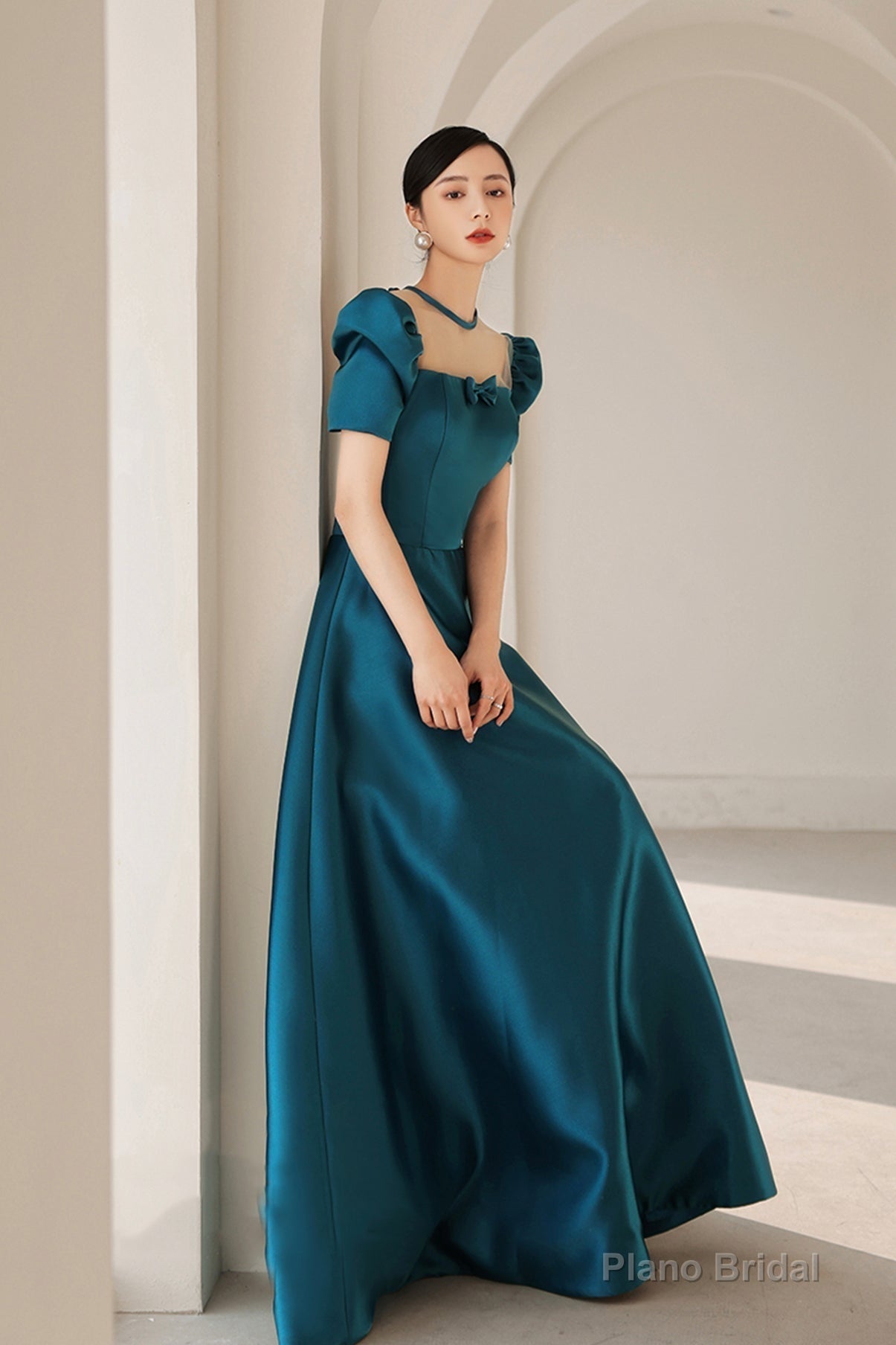 Blue satin long A line prom dress blue evening dress Secondary image